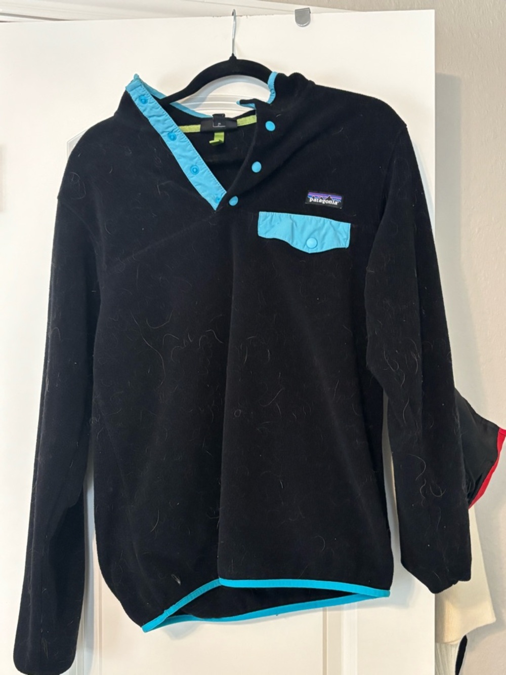 Patagonia Black Fleece Pullover with Turquoise and Lime Accents